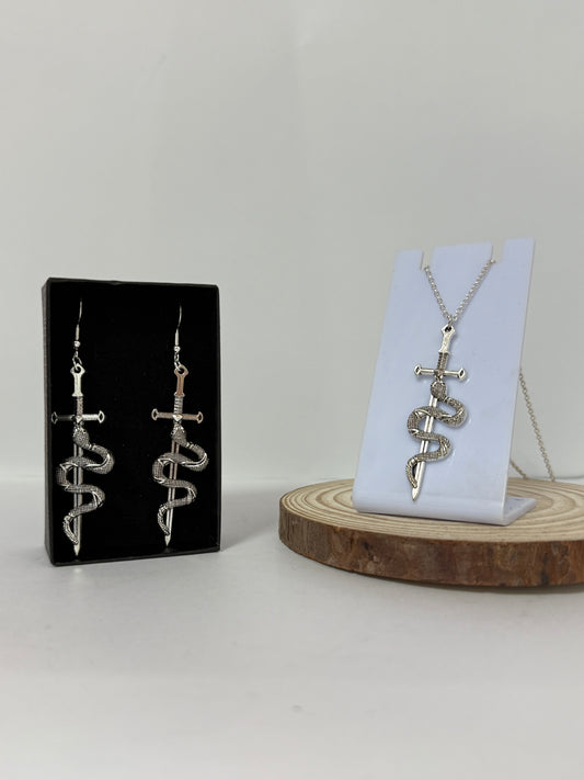 Snake and Sword Necklace & Earrings Set