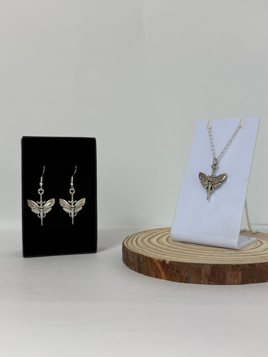 Gothic Moth Skull Sword Silver Drop Earrings And Necklace Set.