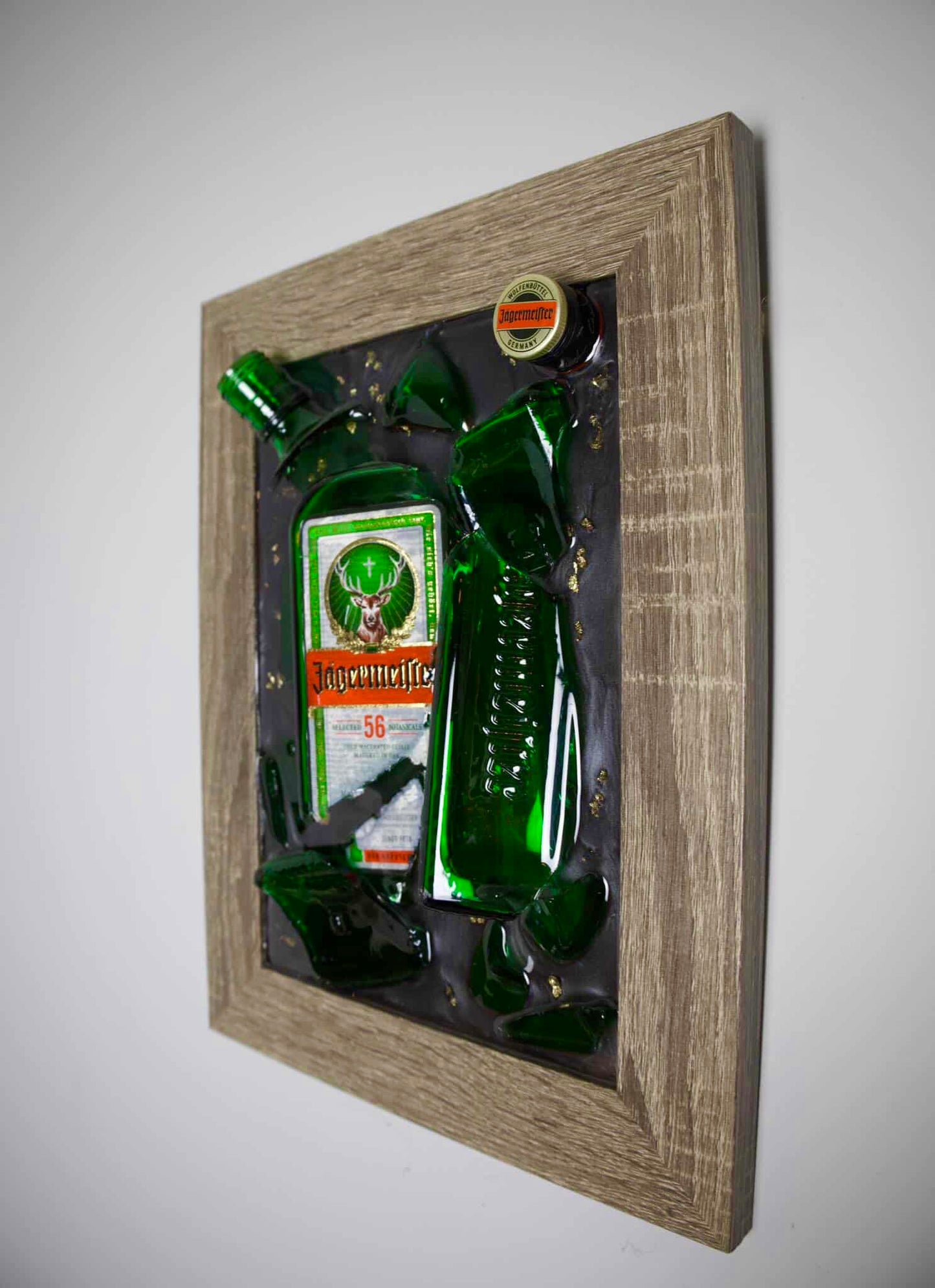Framed Jägermeister Smashed Bottle Art