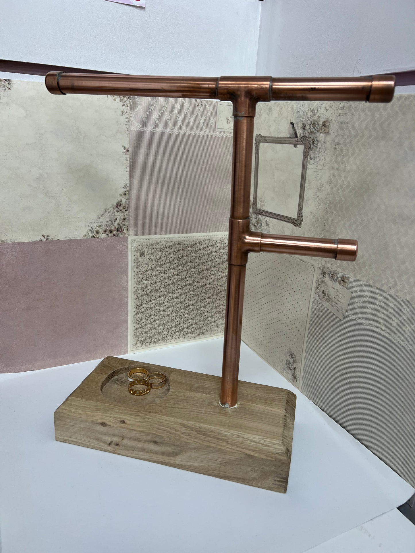 Copper Jewellery Stand With Wooden Base