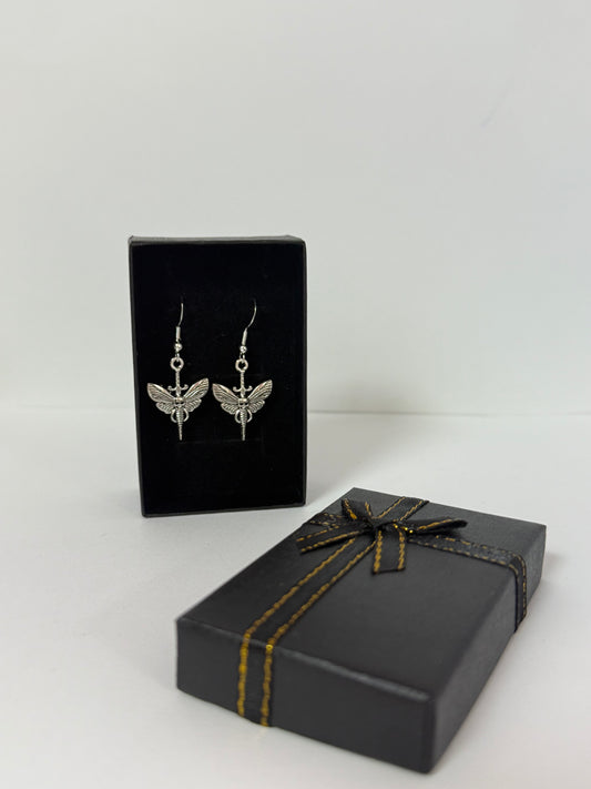 Gothic Moth Skull Sword Silver Drop Earrings