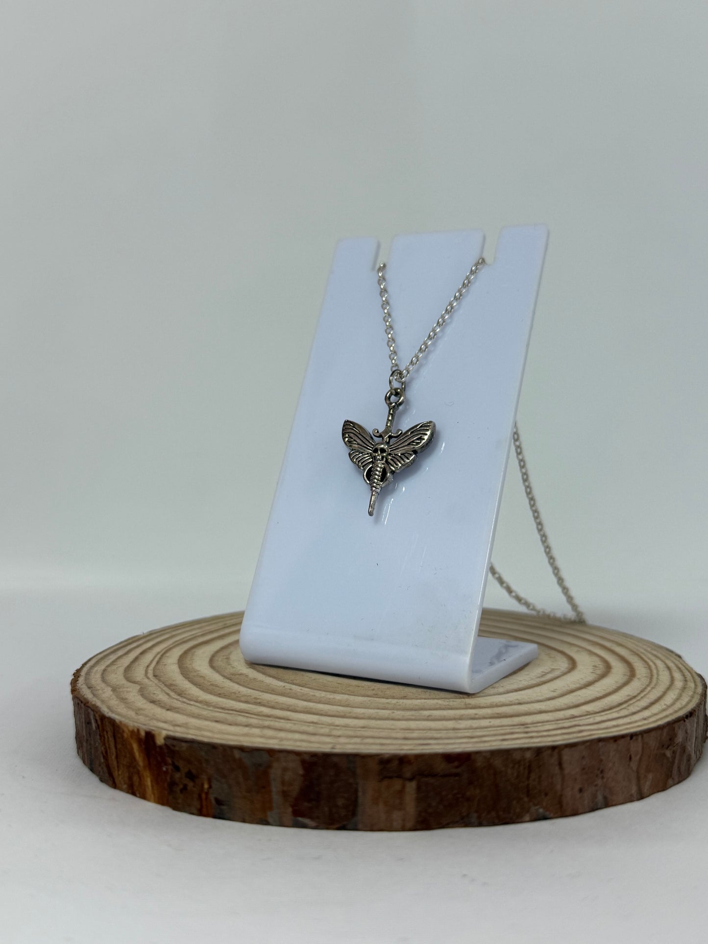 Gothic Moth Skull Sword Silver Necklace