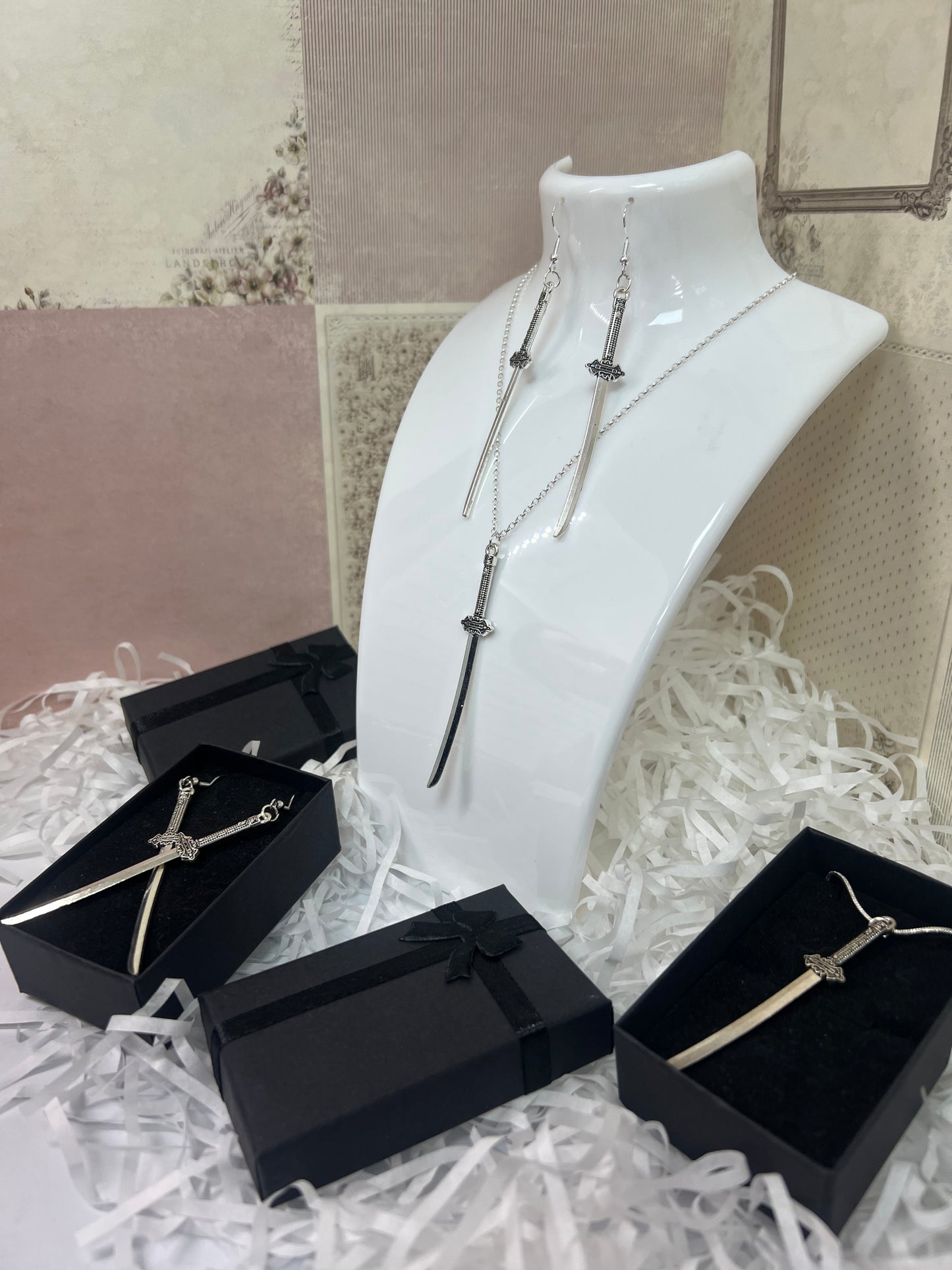 Samurai Sword Necklace And Earring Set