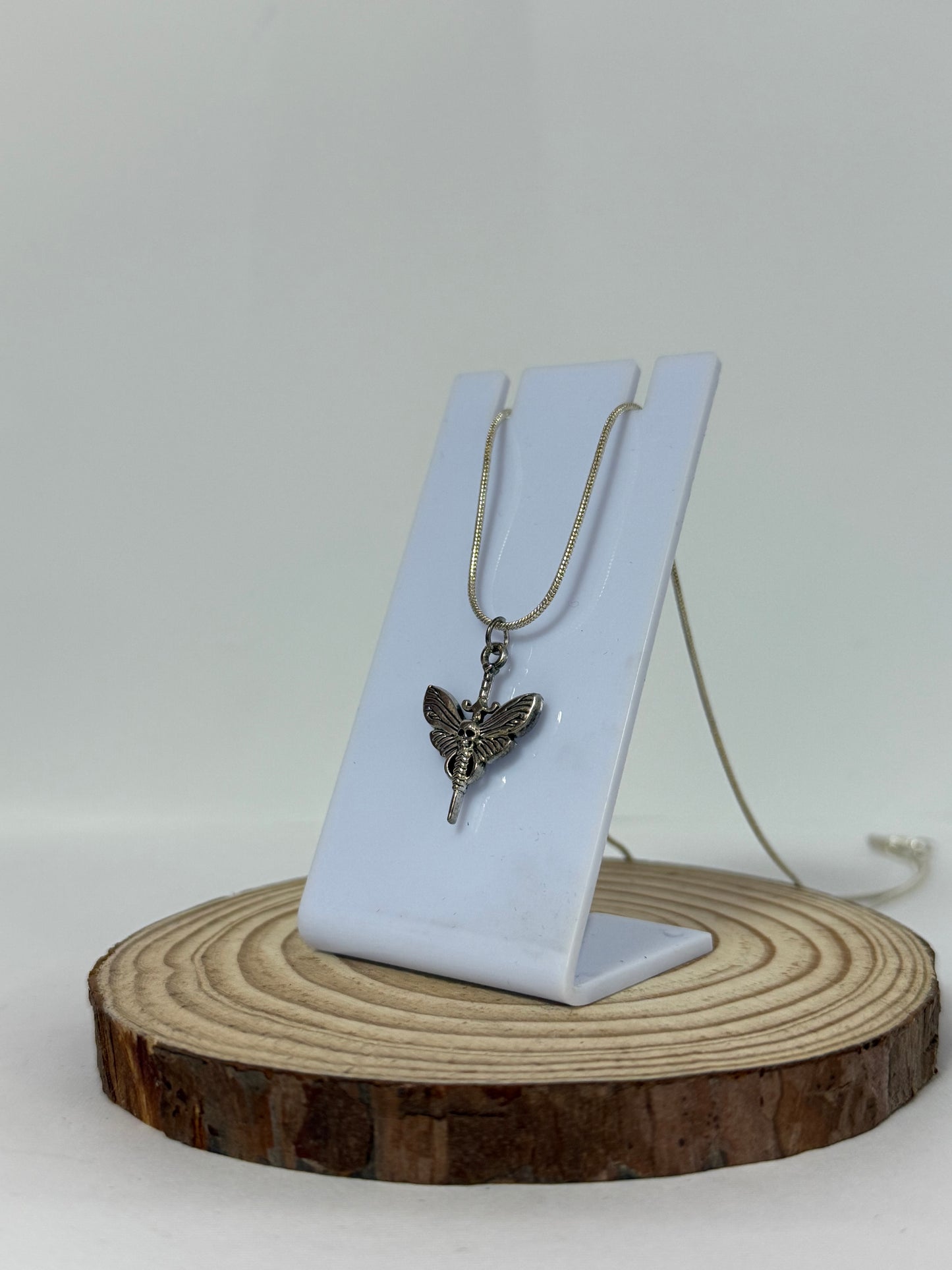 Gothic Moth Skull Sword Silver Necklace