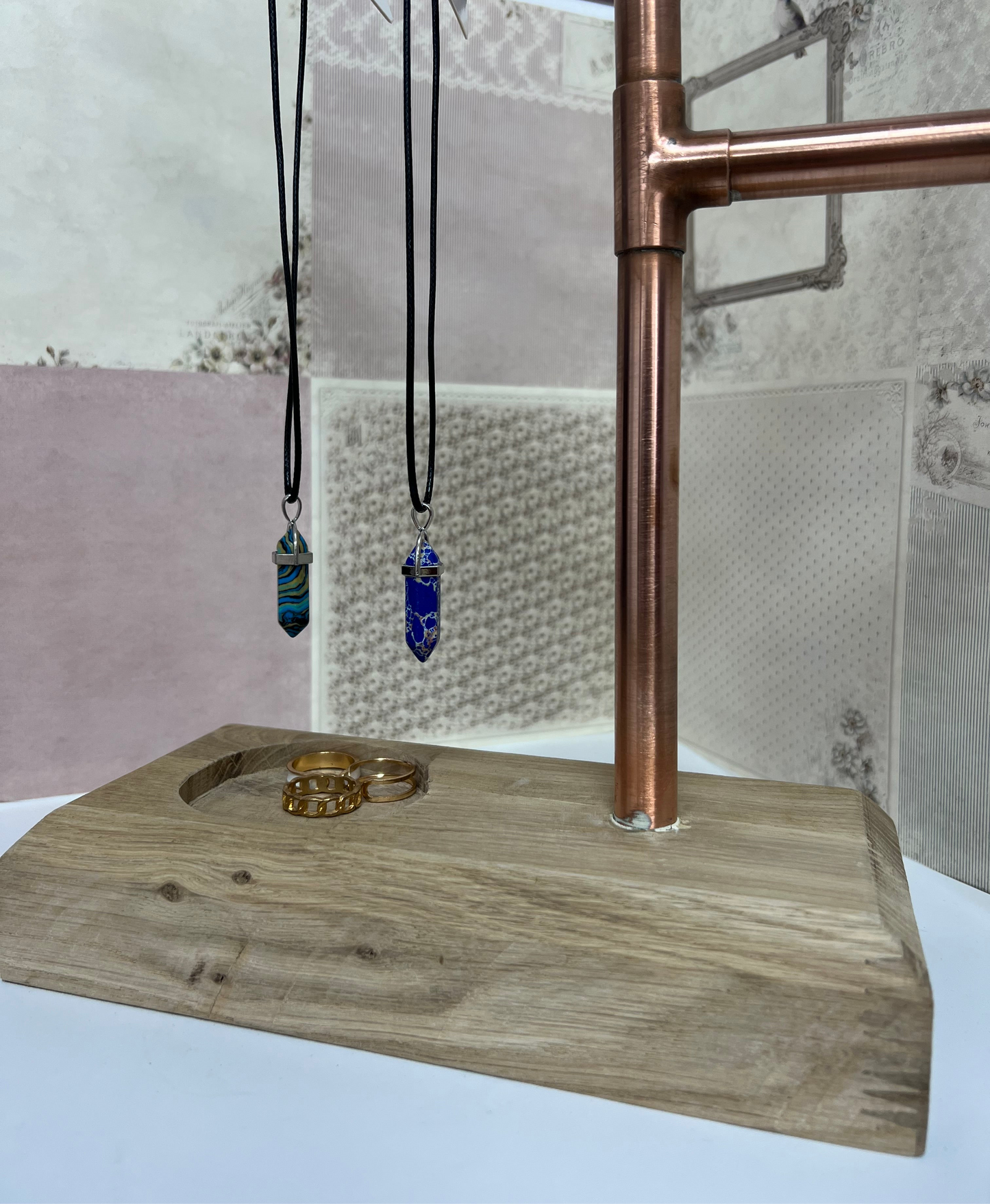 Copper Jewellery Stand With Wooden Base