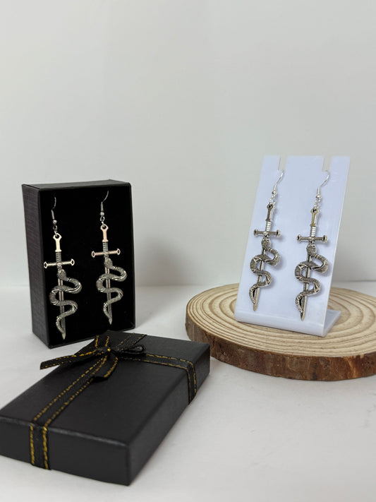Snake and Sword Drop Earrings