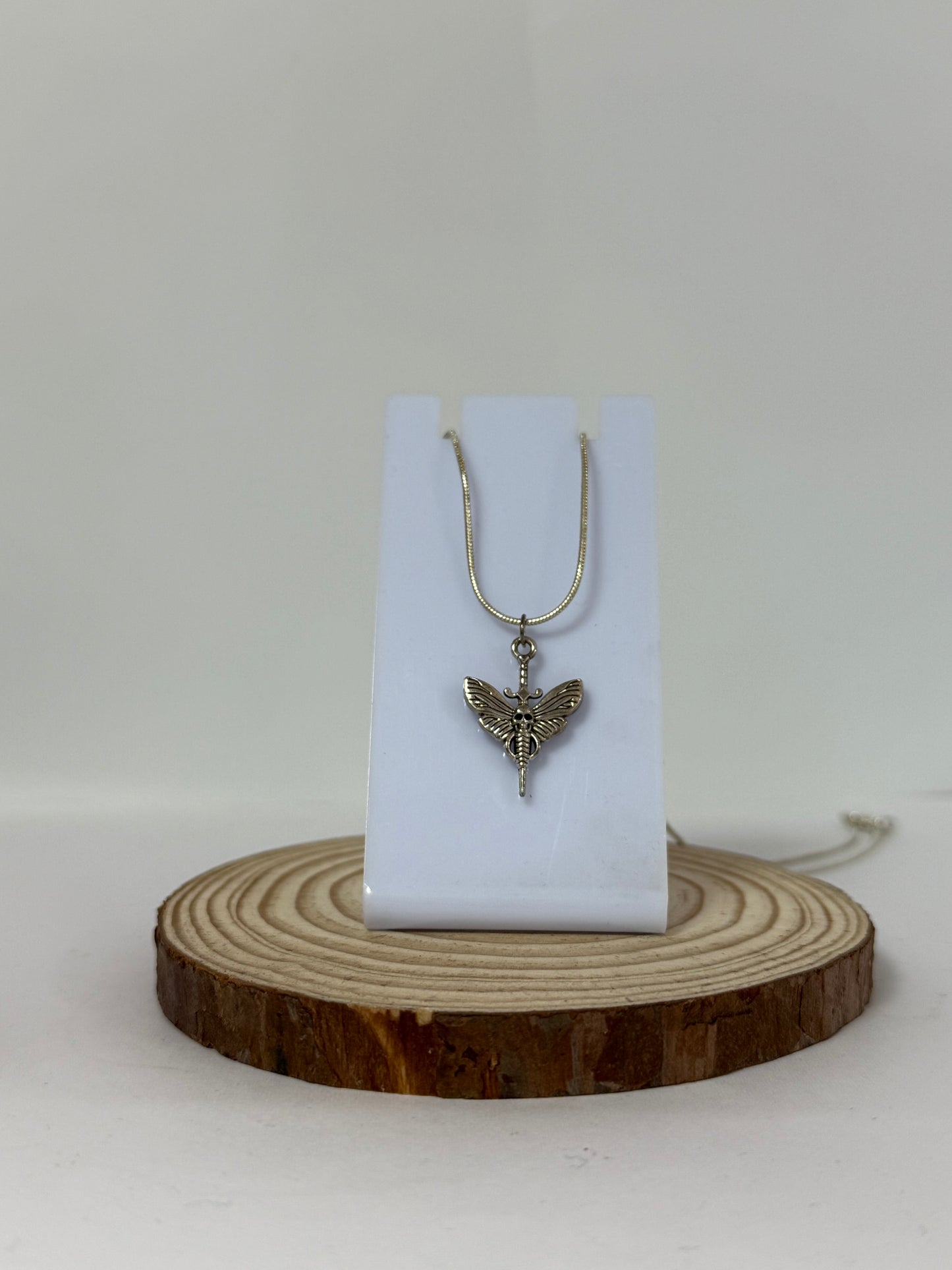 Gothic Moth Skull Sword Silver Necklace