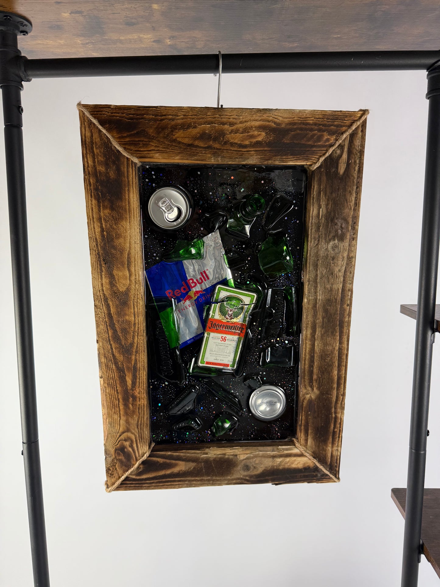 Framed Jägermeister & RedBull Smashed Bottle Art