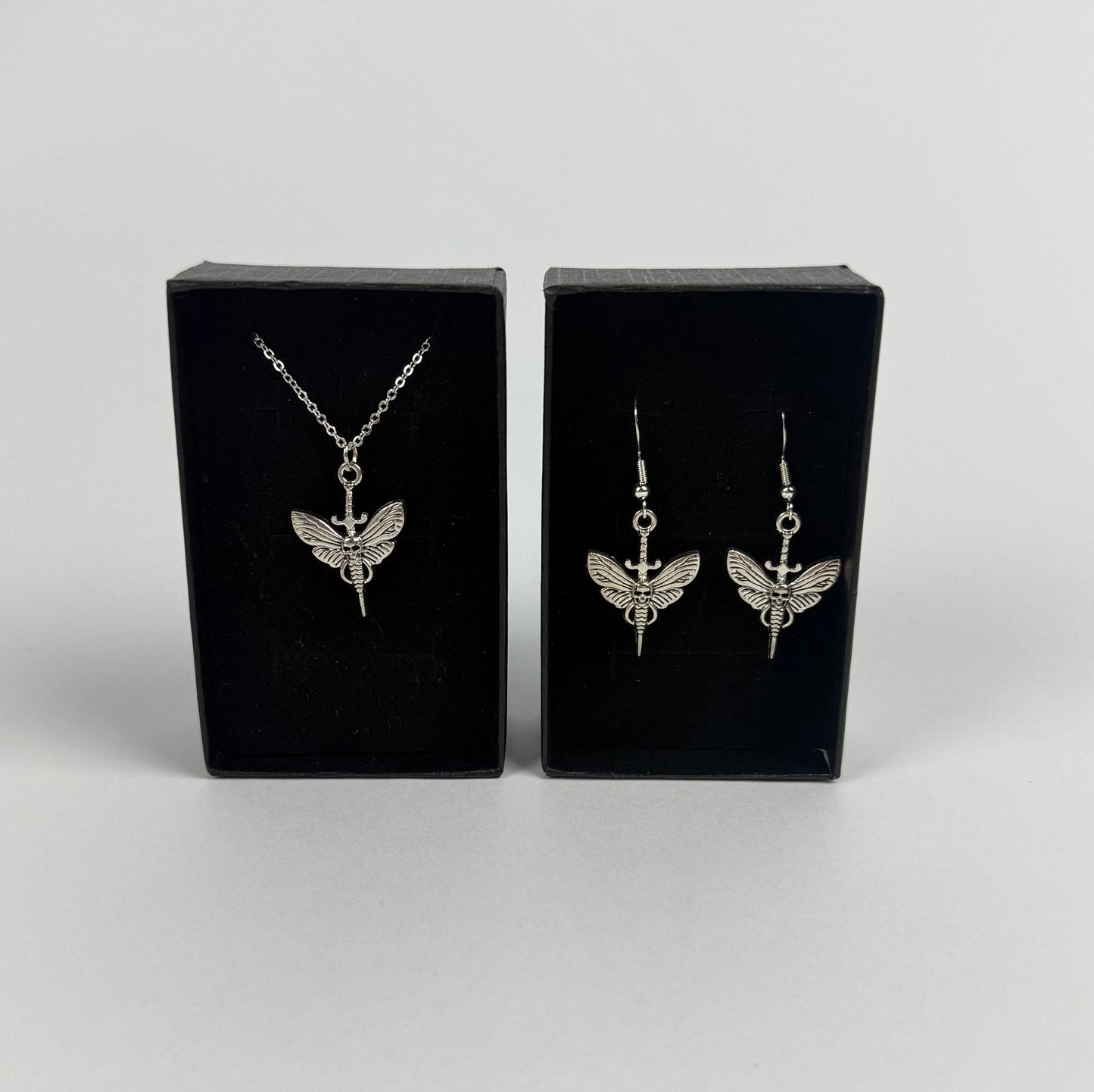 Gothic Moth Skull Sword Drop Earrings