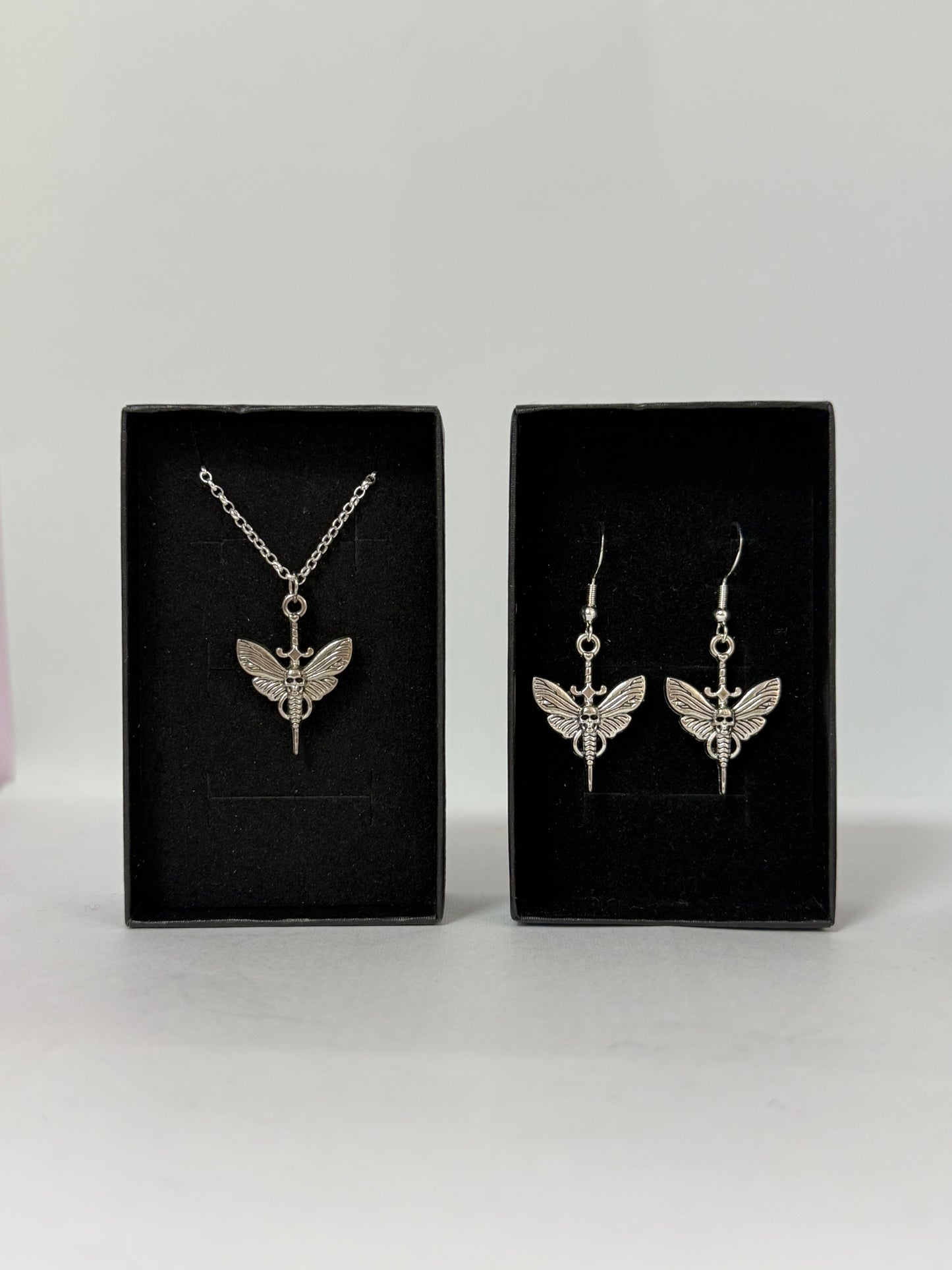 Gothic Moth Skull Sword Silver Drop Earrings And Necklace Set.