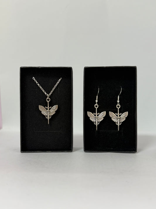 Gothic Moth Skull Sword Silver Drop Earrings And Necklace Set.