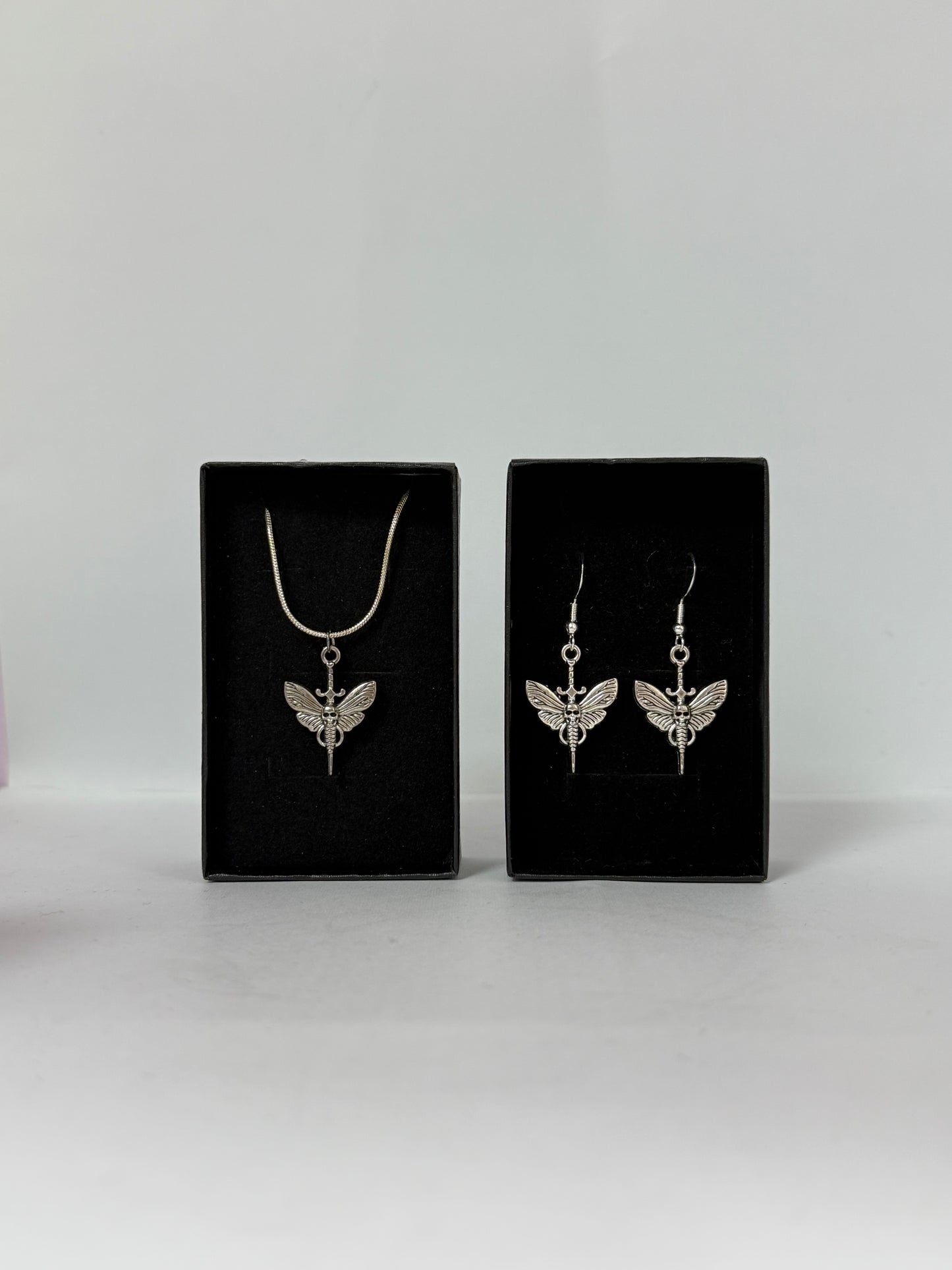 Gothic Moth Skull Sword Silver Necklace