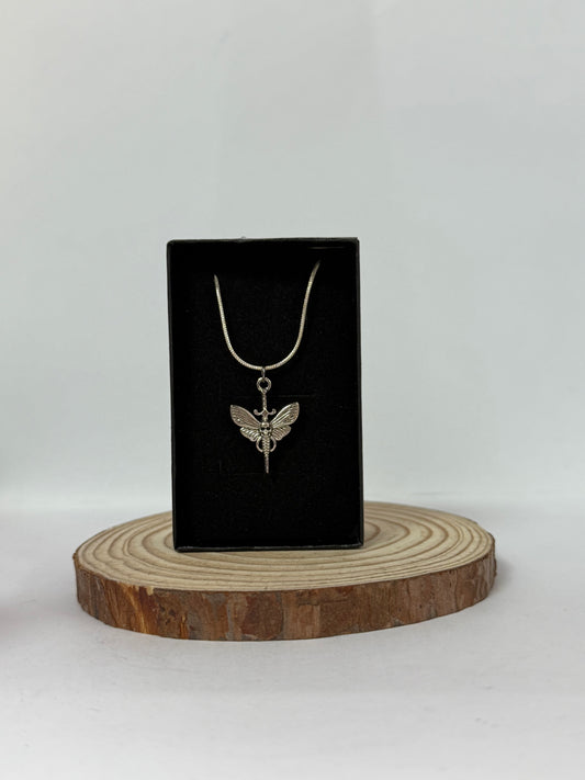Gothic Moth Skull Sword Silver Necklace