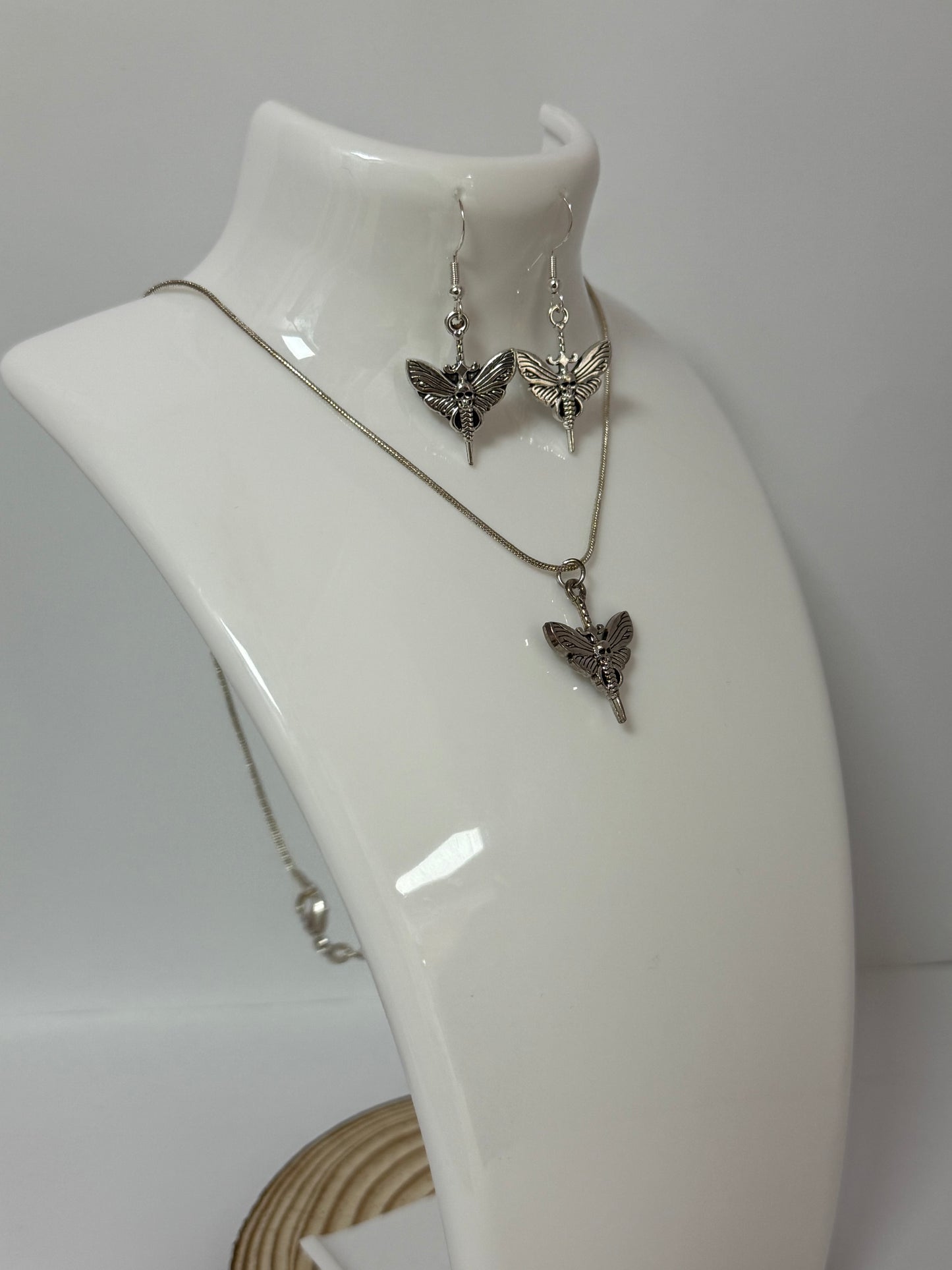 Gothic Moth Skull Sword Silver Drop Earrings And Necklace Set.