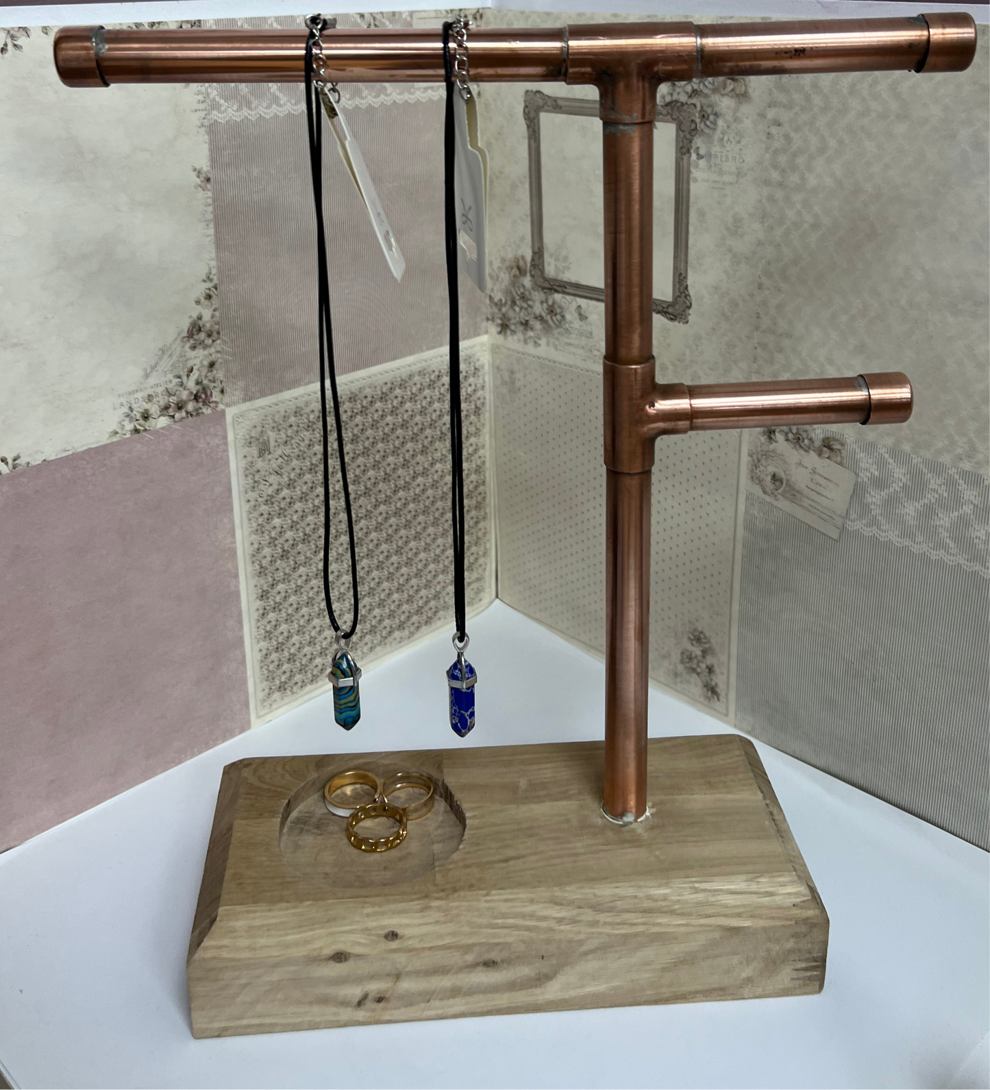 Copper Jewellery Stand With Wooden Base