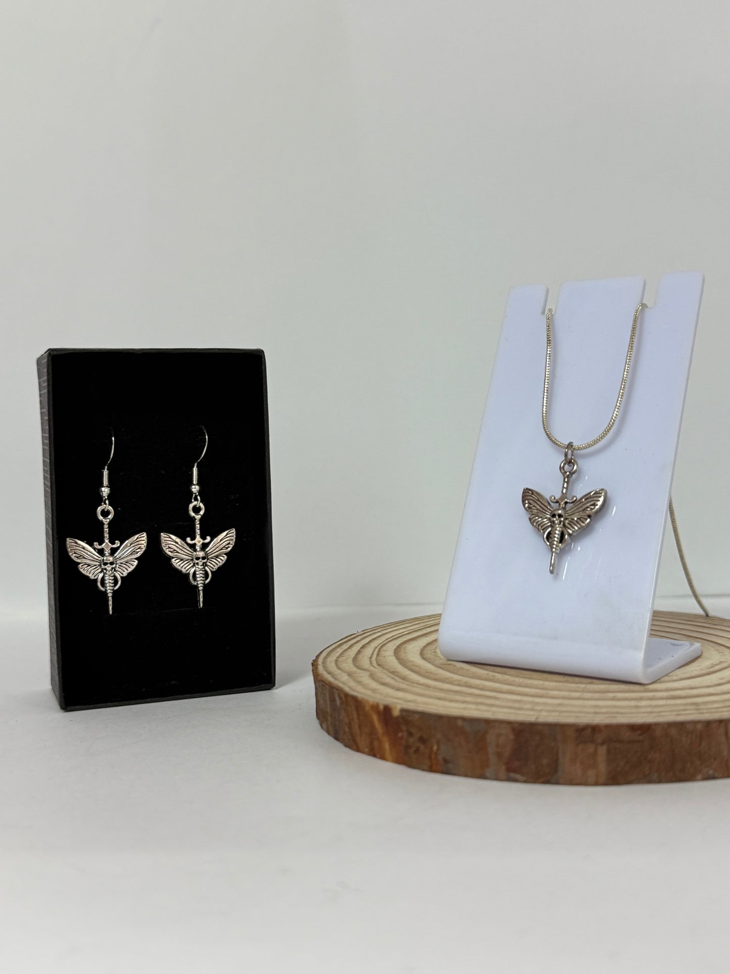 Gothic Moth Skull Sword Silver Drop Earrings And Necklace Set.
