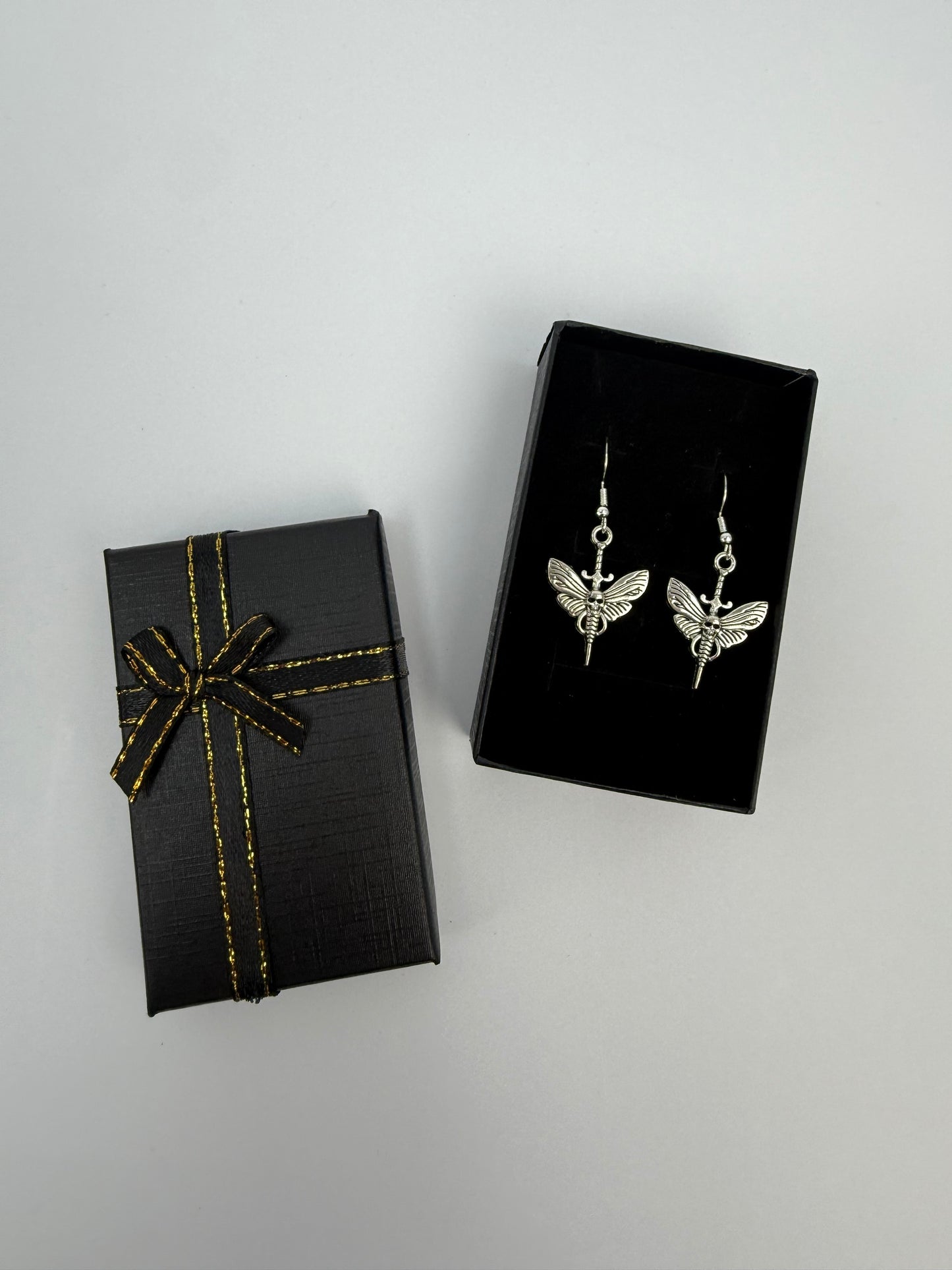 Gothic Moth Skull Sword Drop Earrings