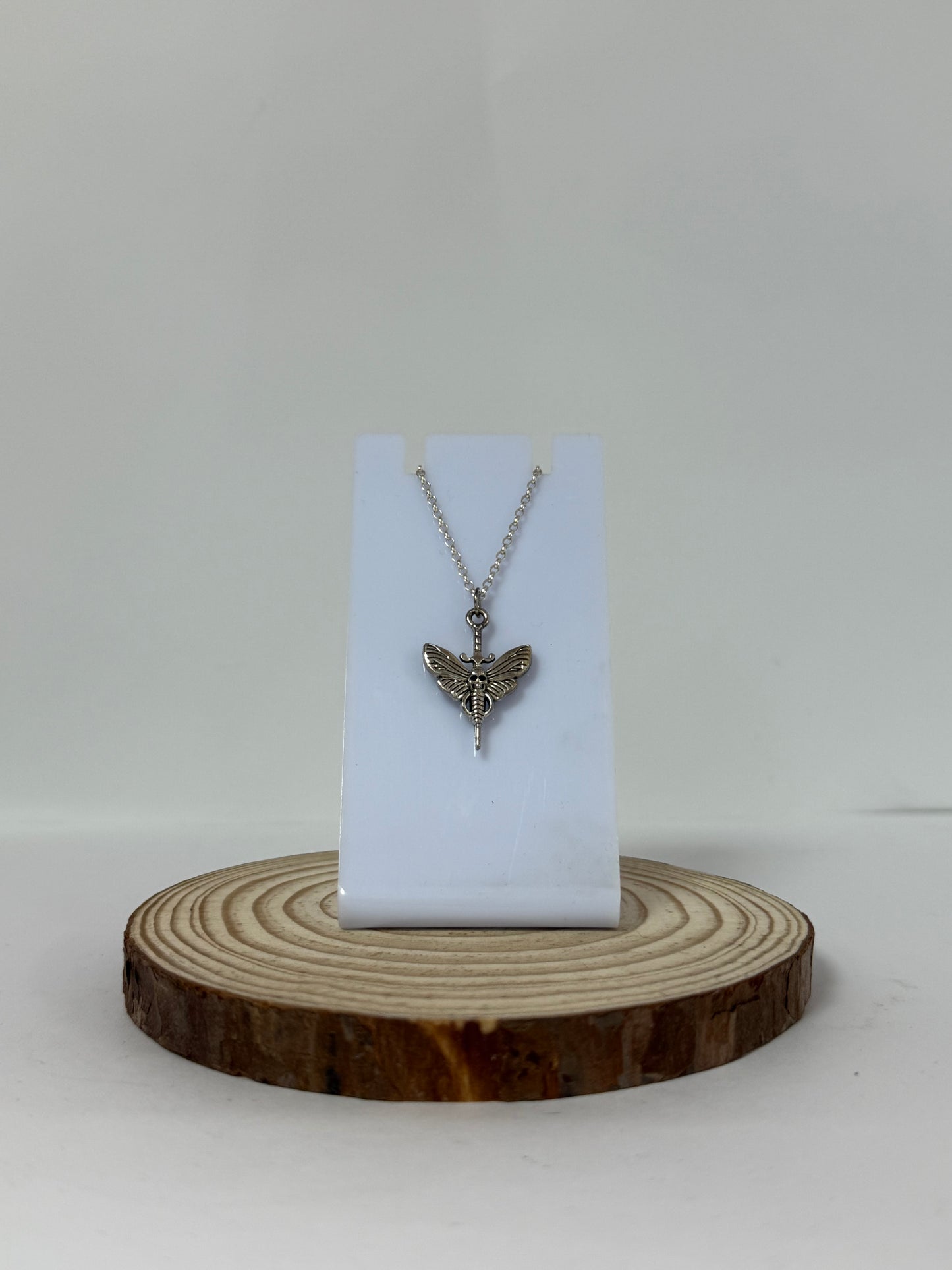 Gothic Moth Skull Sword Silver Necklace