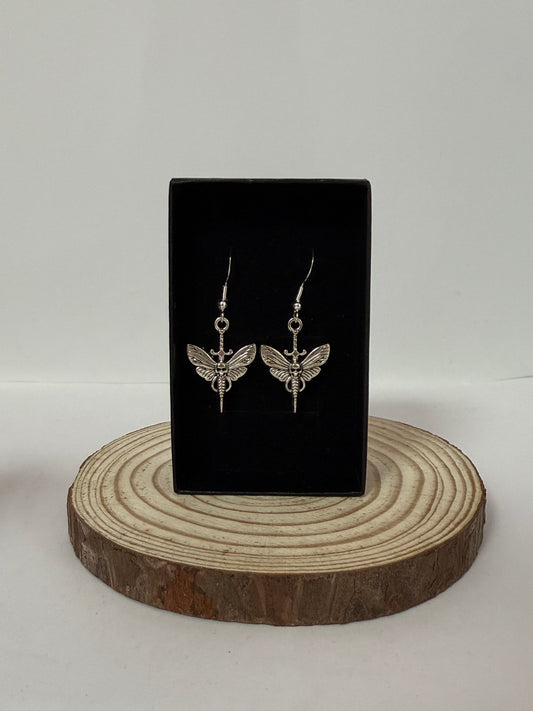 Gothic Moth Skull Sword Silver Drop Earrings