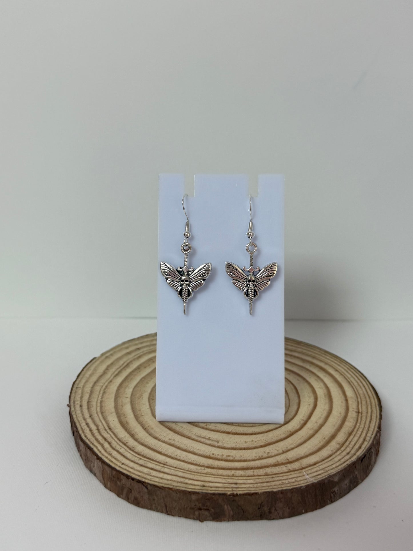Gothic Moth Skull Sword Silver Drop Earrings